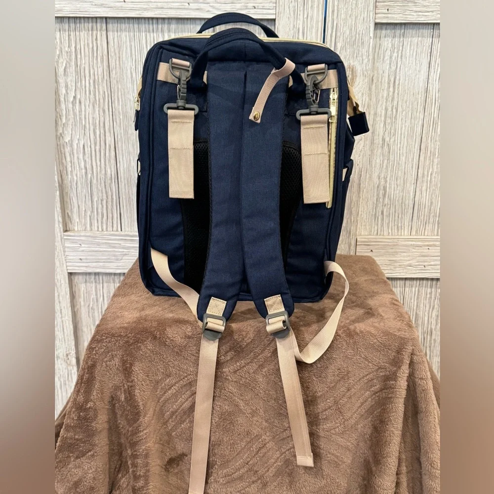 Convertible Diaper Bag Backpack Navy and Tan.